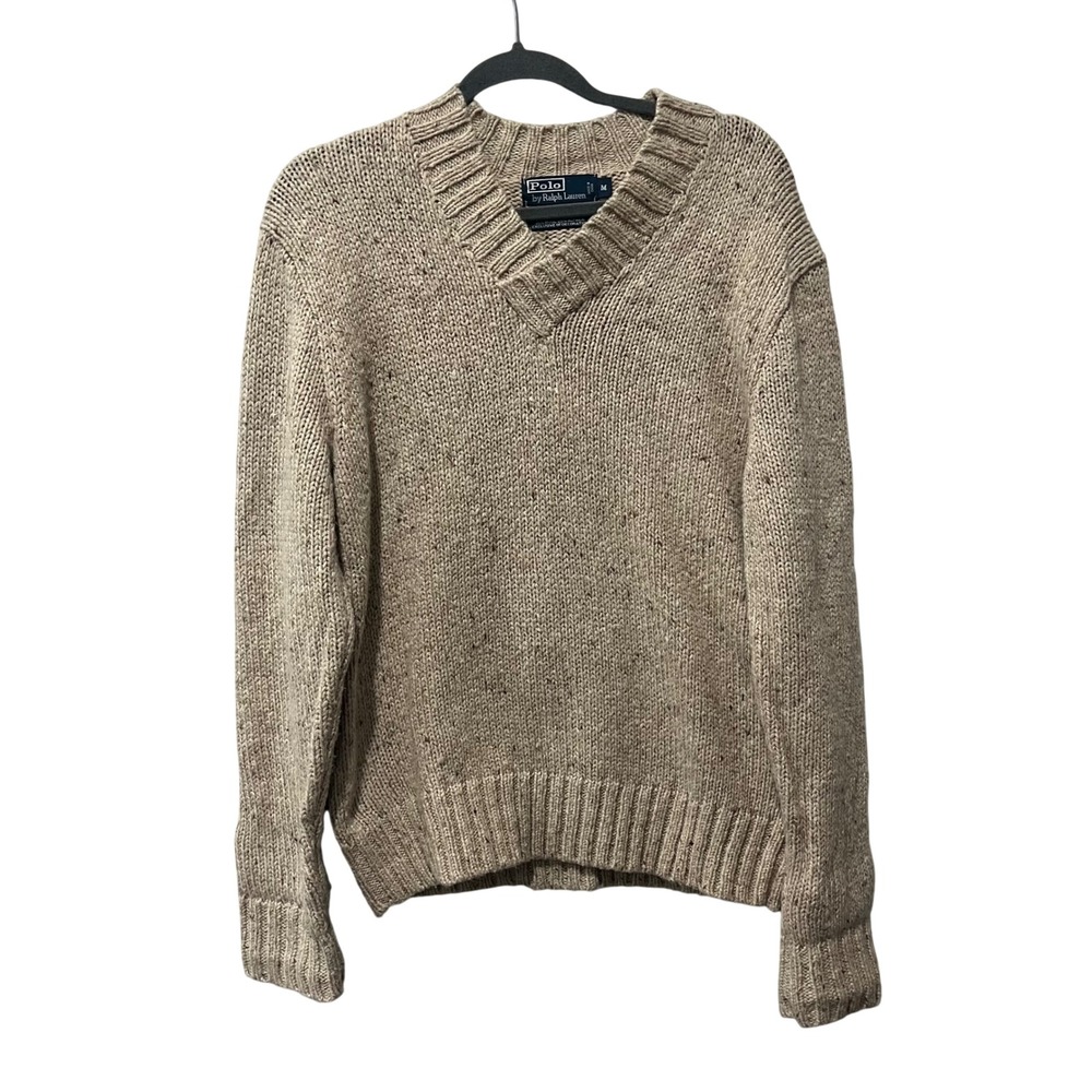 Polo Ralph Lauren Sweater Mens Medium Beige Knit Wool Alpaca Elbow Patches - Picture 1 of 6